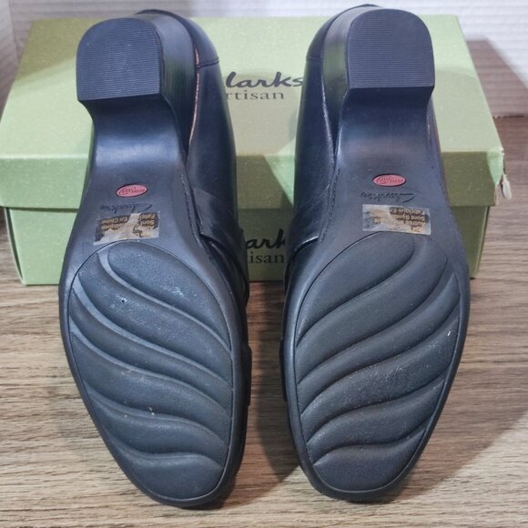 Clarks Everyday Sugar Plum Leather Pumps 9 Black Block Heel Slip On Dress Shoes - Picture 14 of 16